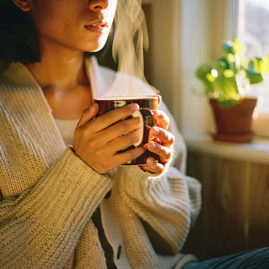 Rauhallinen aamurutiini kuppi käsissä
